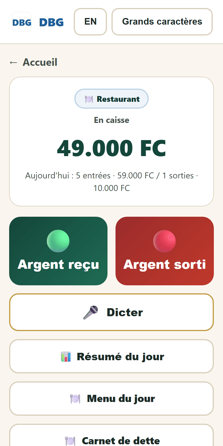 La caisse DBG sur un téléphone : 49 000 FC en caisse aujourd'hui, grands boutons Argent reçu / Argent sorti, saisie à la voix