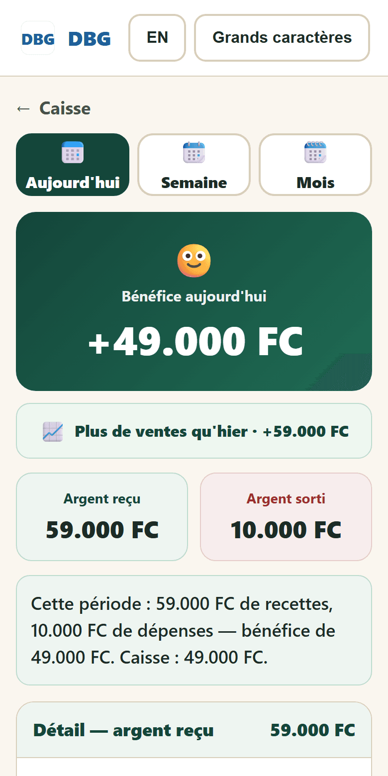Le rapport « Mes chiffres » DBG sur un téléphone : bénéfice aujourd'hui +49 000 FC, plus de ventes qu'hier, argent reçu et sorti